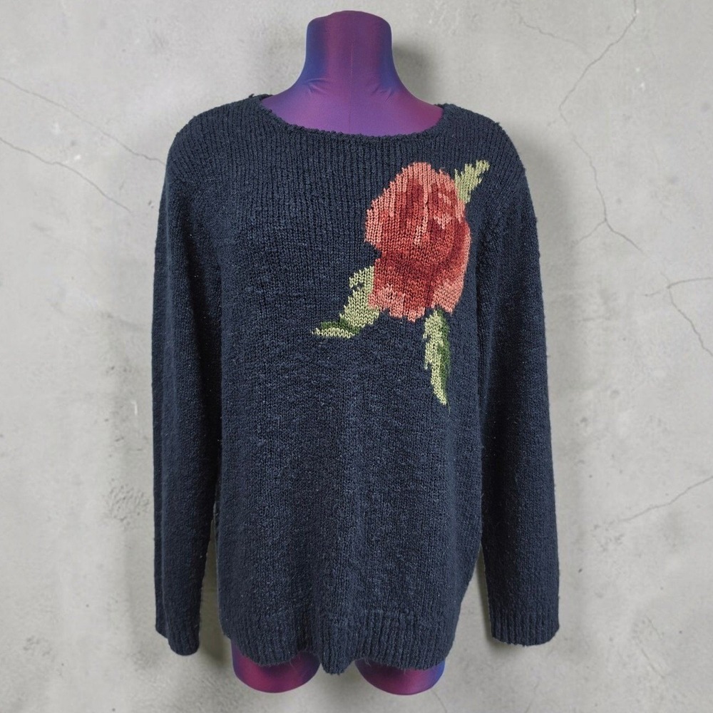 Vintage Also Gordon Navy Blue Rose Intarsia Knit Sweater Womens Medium